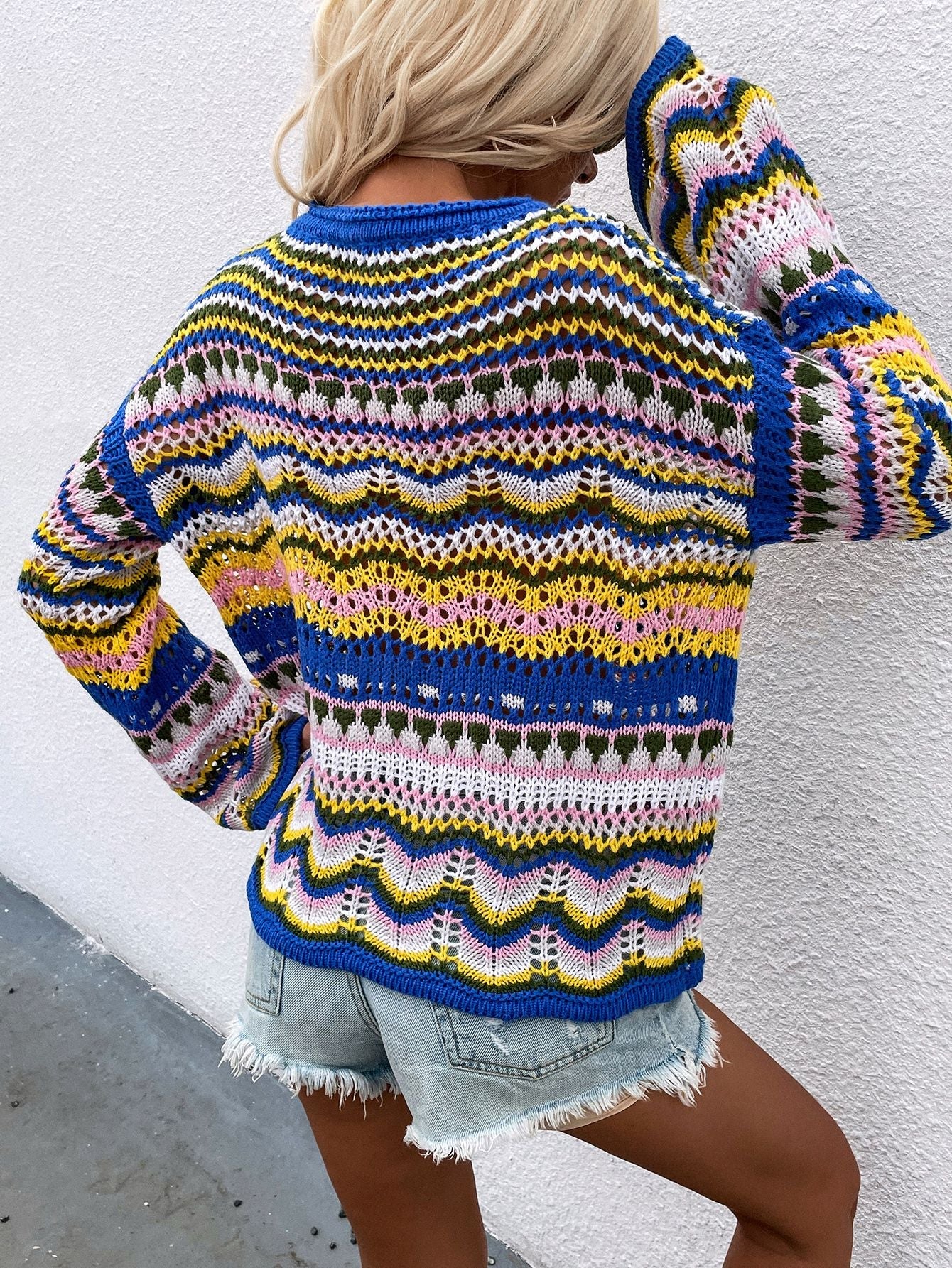 Rainbow Stripe Openwork Flare Sleeve Knit Top BLUE ZONE PLANET