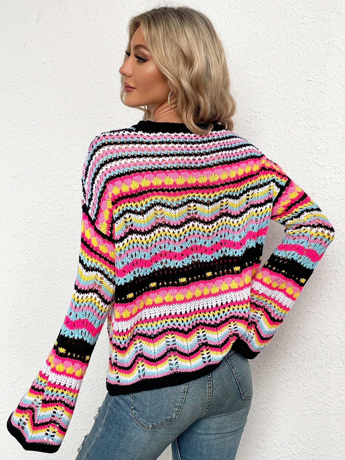 Rainbow Stripe Openwork Flare Sleeve Knit Top BLUE ZONE PLANET