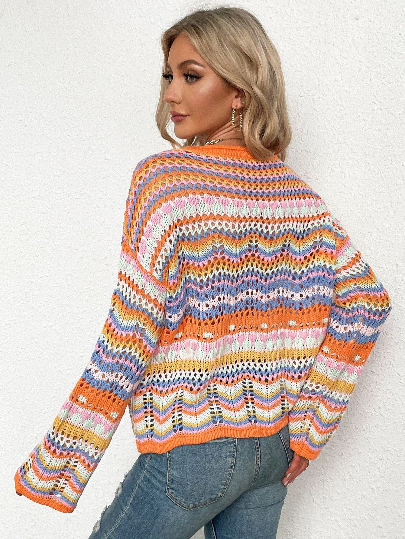 Rainbow Stripe Openwork Flare Sleeve Knit Top BLUE ZONE PLANET