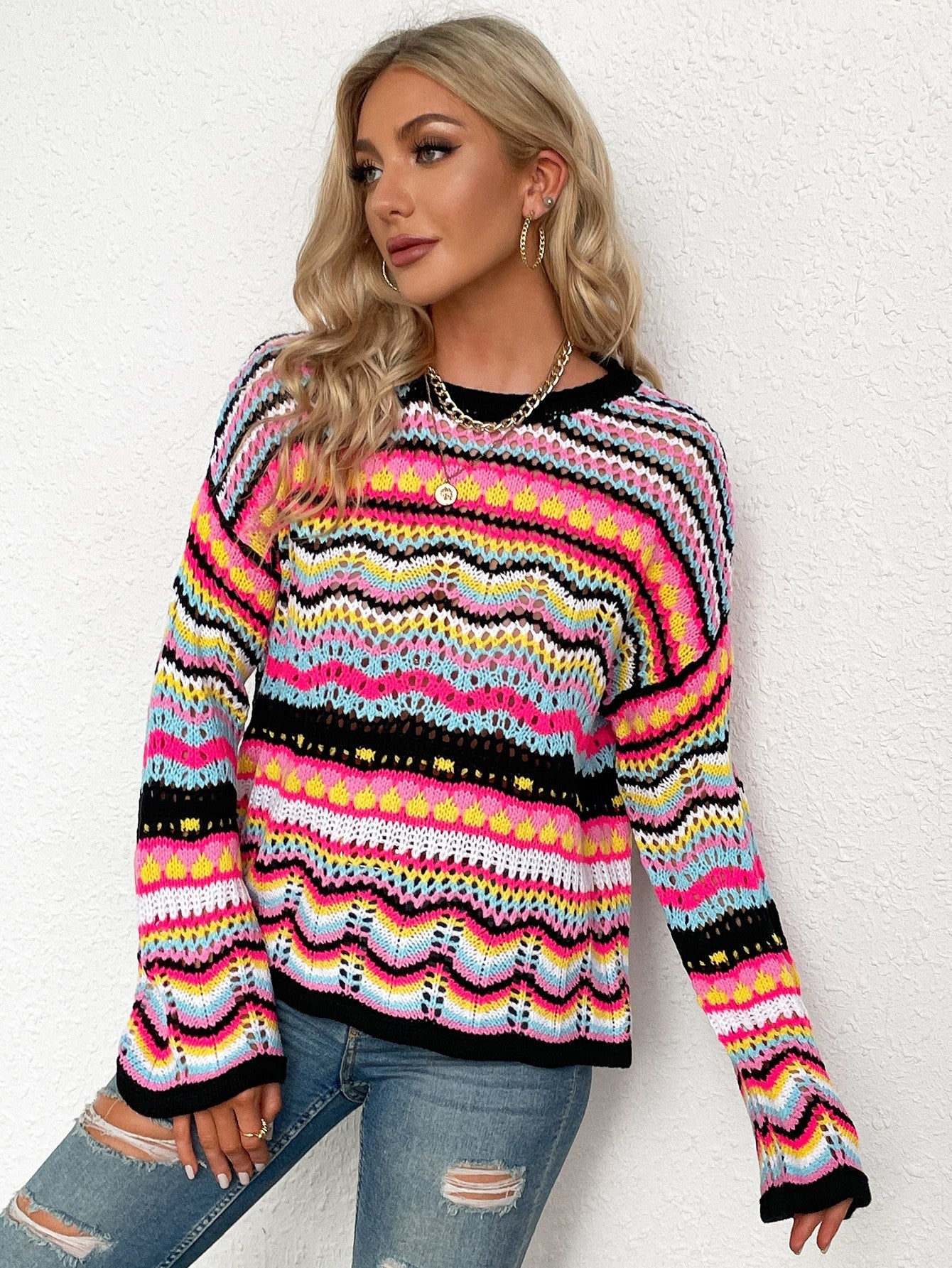 Rainbow Stripe Openwork Flare Sleeve Knit Top BLUE ZONE PLANET