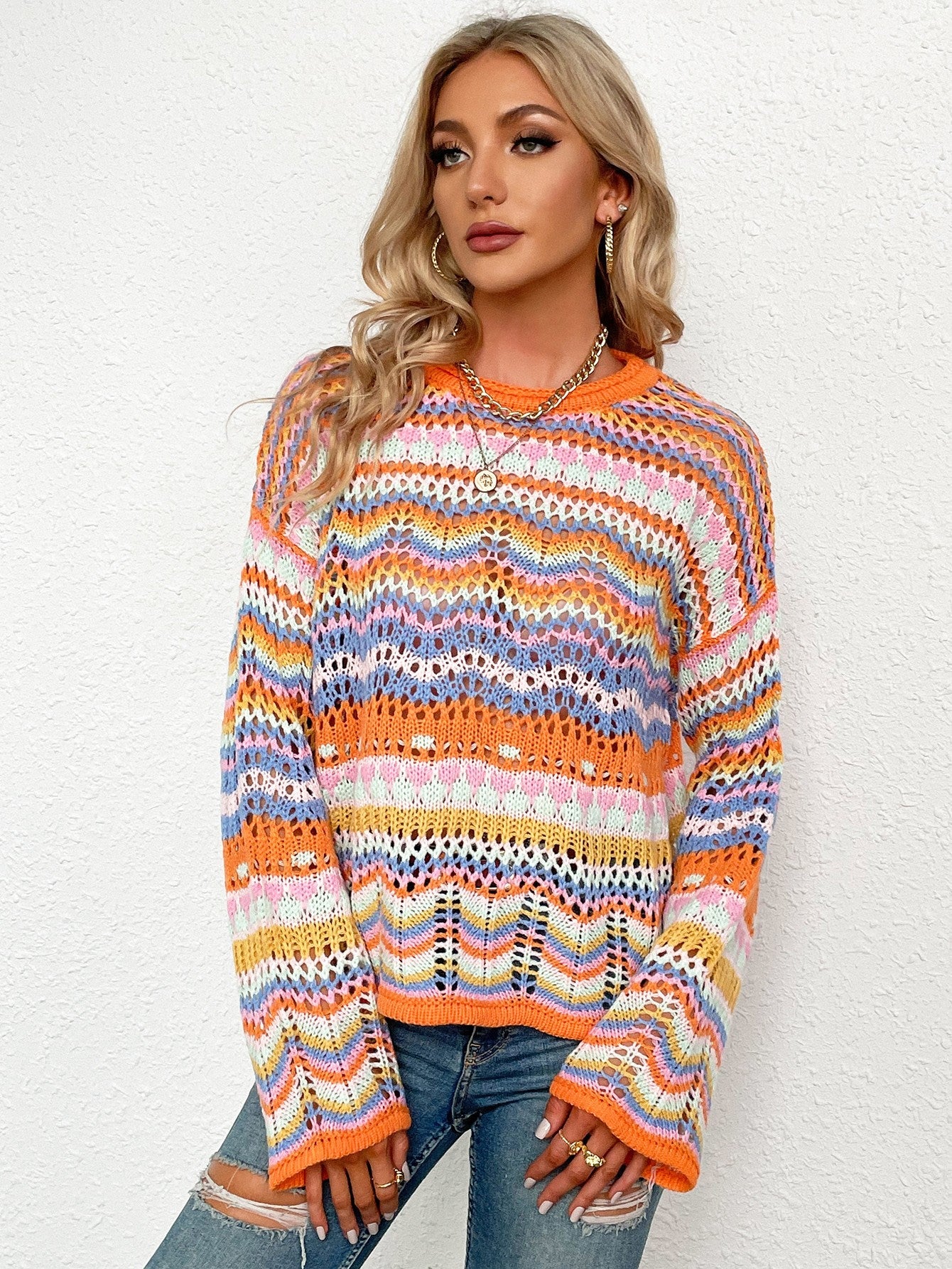 Rainbow Stripe Openwork Flare Sleeve Knit Top BLUE ZONE PLANET