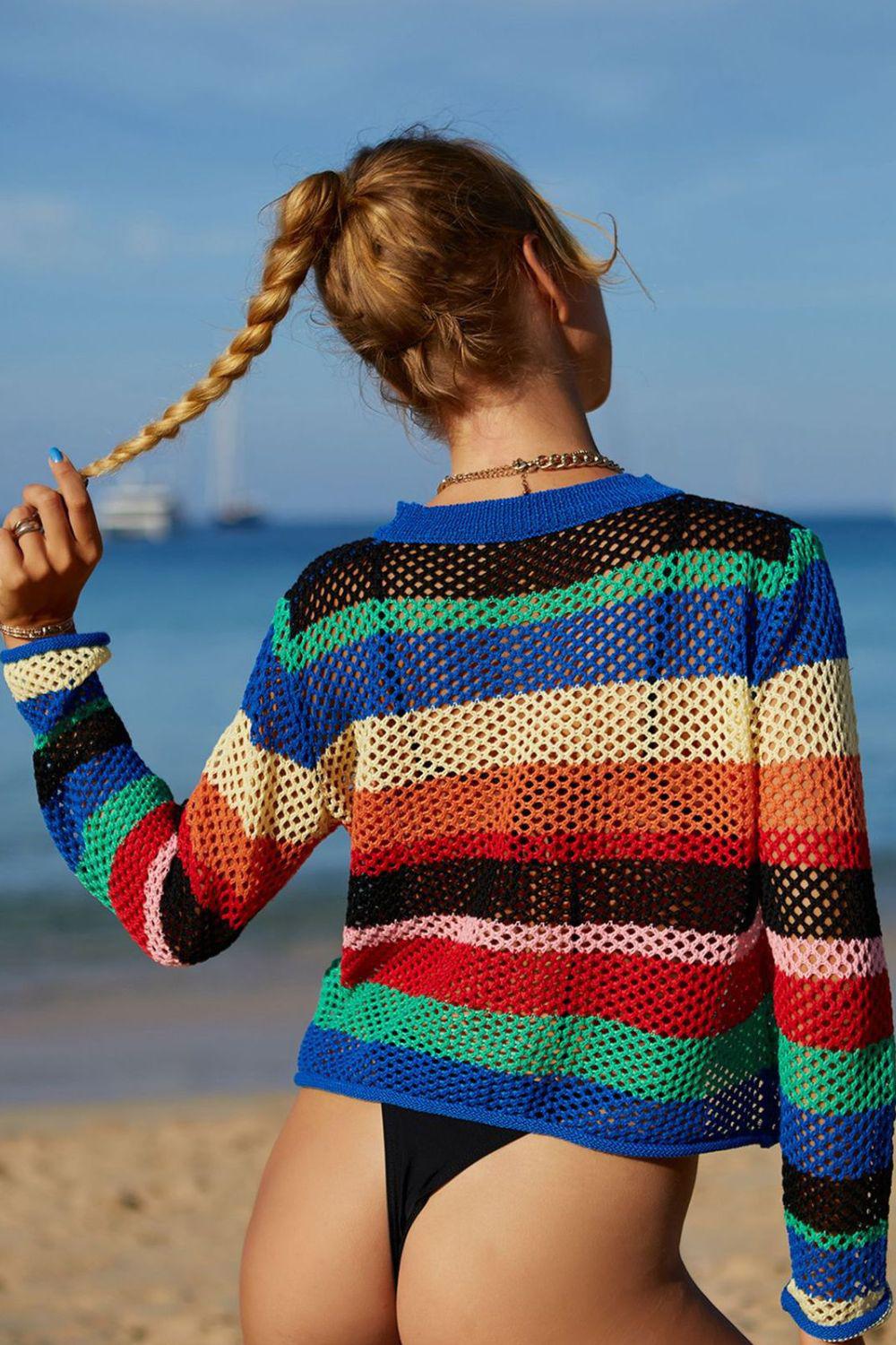 Rainbow Stripe Openwork Long Sleeve Cover-Up BLUE ZONE PLANET