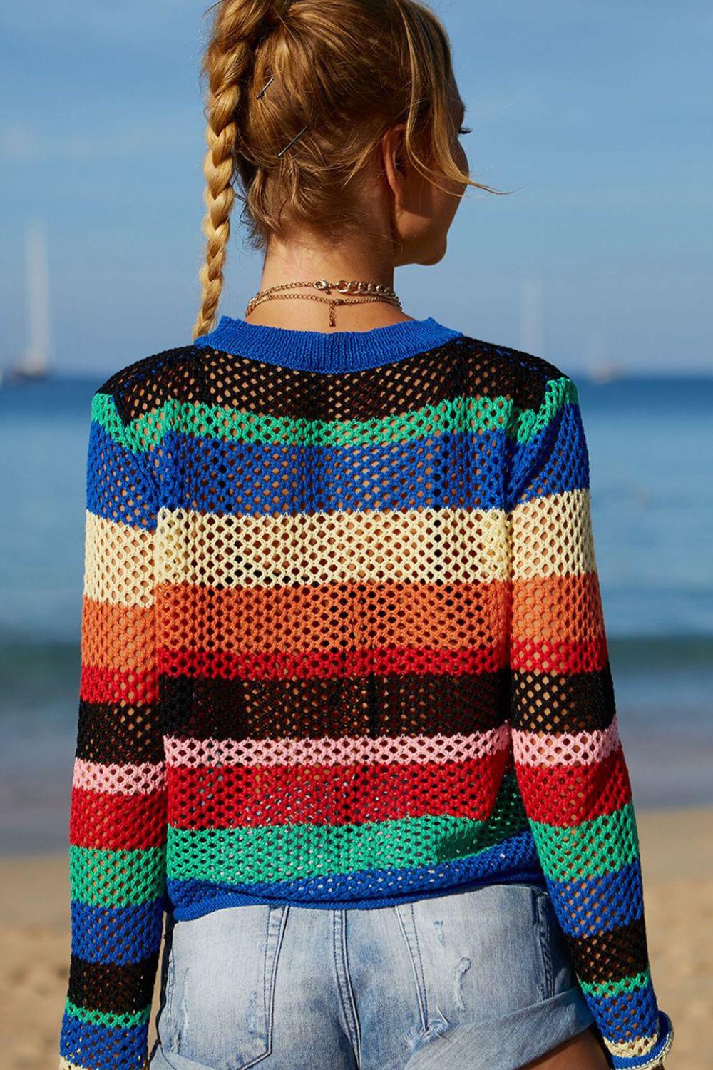 Rainbow Stripe Openwork Long Sleeve Cover-Up BLUE ZONE PLANET