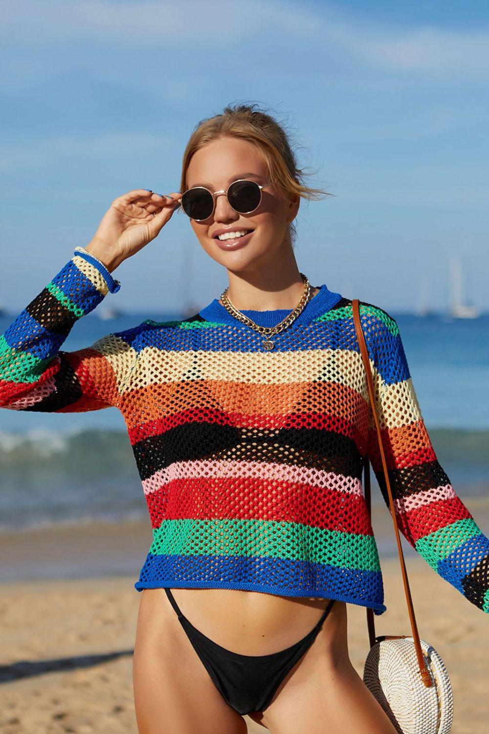 Rainbow Stripe Openwork Long Sleeve Cover-Up BLUE ZONE PLANET