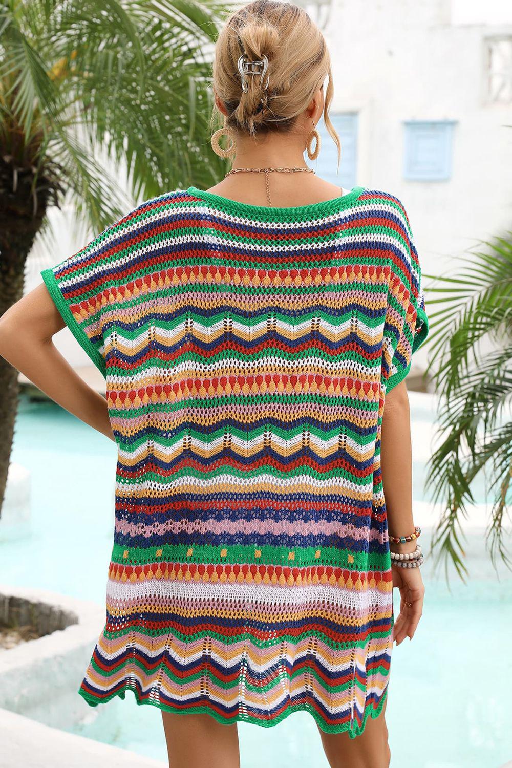 Rainbow Stripe Scalloped V-Neck Cover-Up Dress BLUE ZONE PLANET