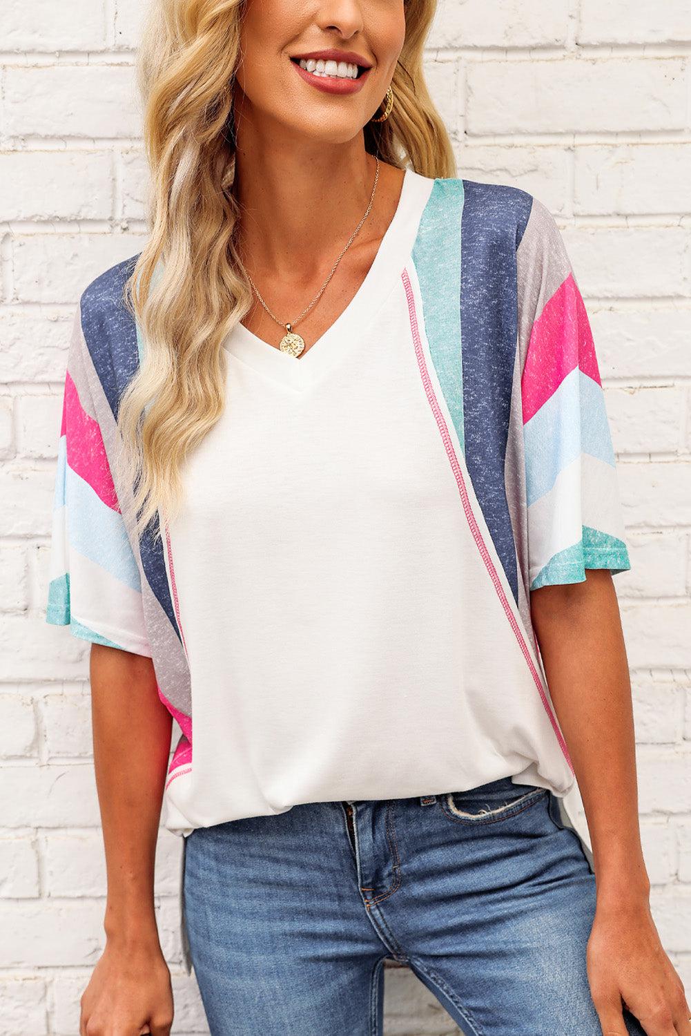 Rainbow Stripe Slit V-Neck Tee BLUE ZONE PLANET