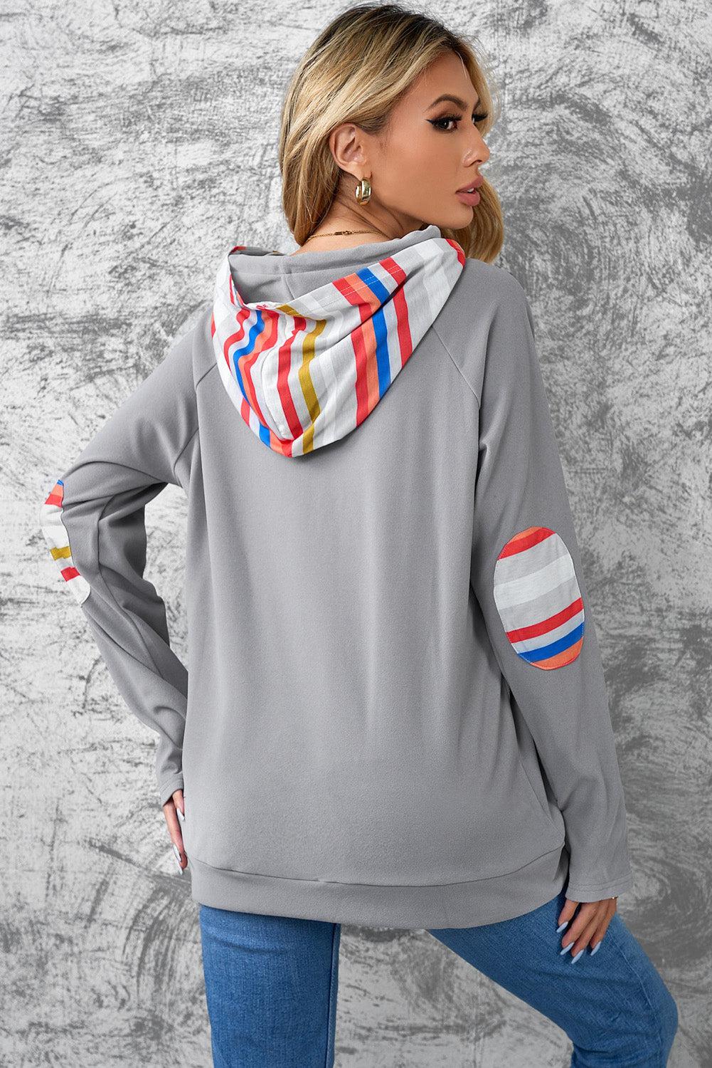 Rainbow Stripe Zipper Detail Elbow Patch Hoodie BLUE ZONE PLANET