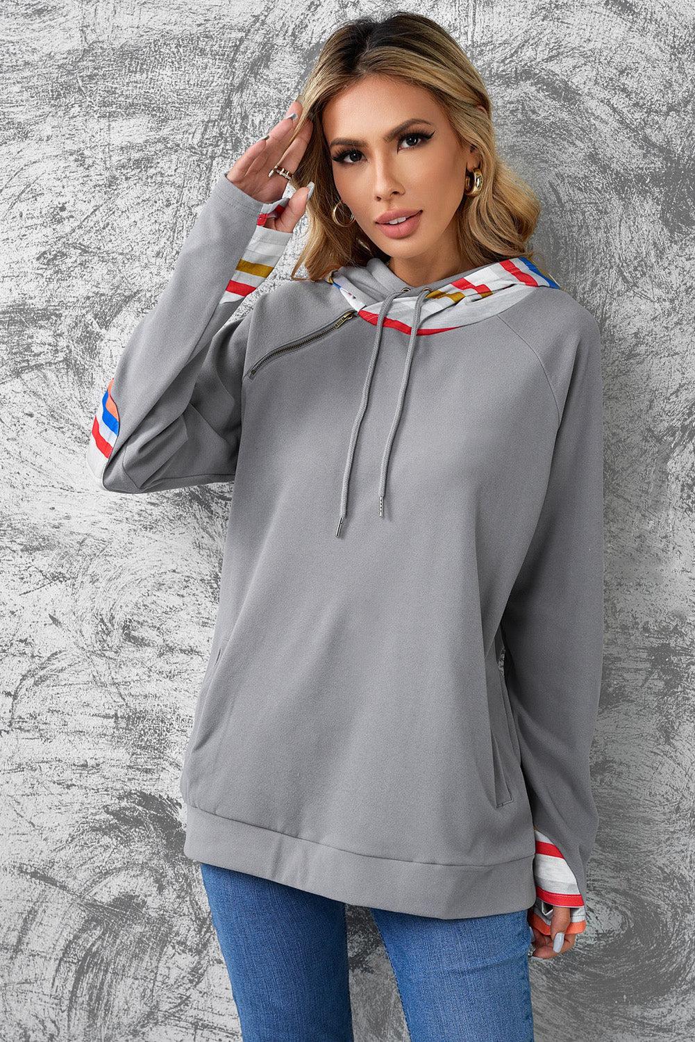 Rainbow Stripe Zipper Detail Elbow Patch Hoodie BLUE ZONE PLANET