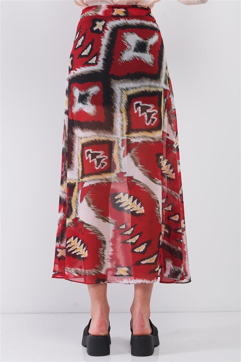 Red & Multi Vintage Graphic Print High-waisted Two Front Slits Maxi Skirt Blue Zone Planet