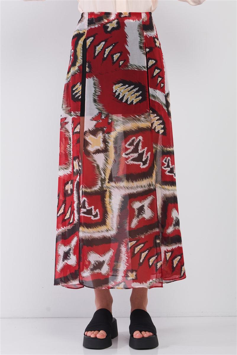 Red & Multi Vintage Graphic Print High-waisted Two Front Slits Maxi Skirt Blue Zone Planet