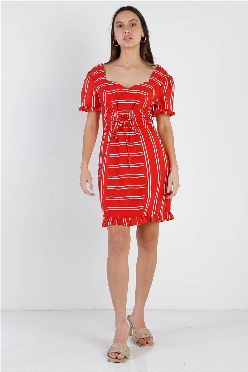 Red Stripe Lace Up Front Detail Ruffle Trim Balloon Sleeve Dress Blue Zone Planet