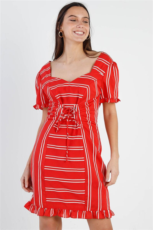 Red Stripe Lace Up Front Detail Ruffle Trim Balloon Sleeve Dress Blue Zone Planet