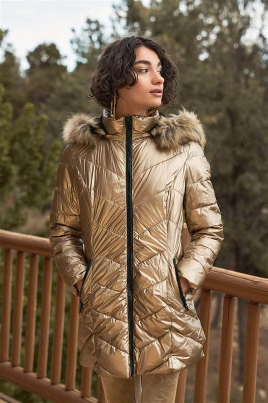 Black Vinyl Glossy Finish Fitted Faux Fur Hood Chevron Padded Puffer Jacket-[Adult]-[Female]-Blue Zone Planet