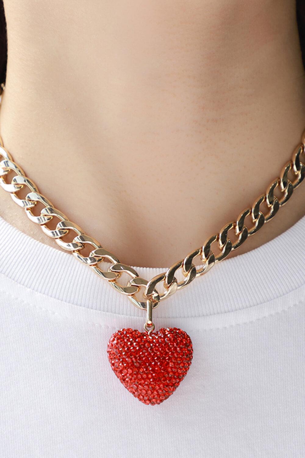 Rhinestone Heart Pendant Curb Chain Necklace BLUE ZONE PLANET