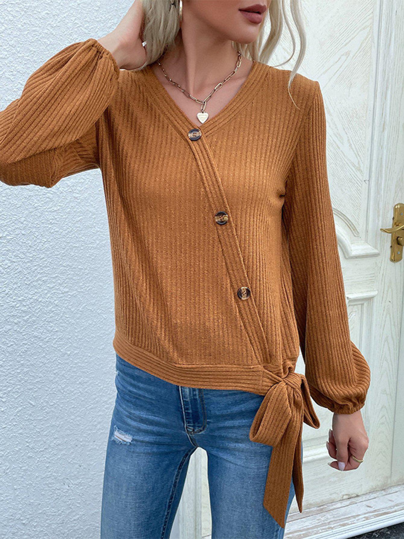 Rib-Knit Asymmetrical Button Blouse-NEW ARRIVALS-[Adult]-[Female]-Blue Zone Planet