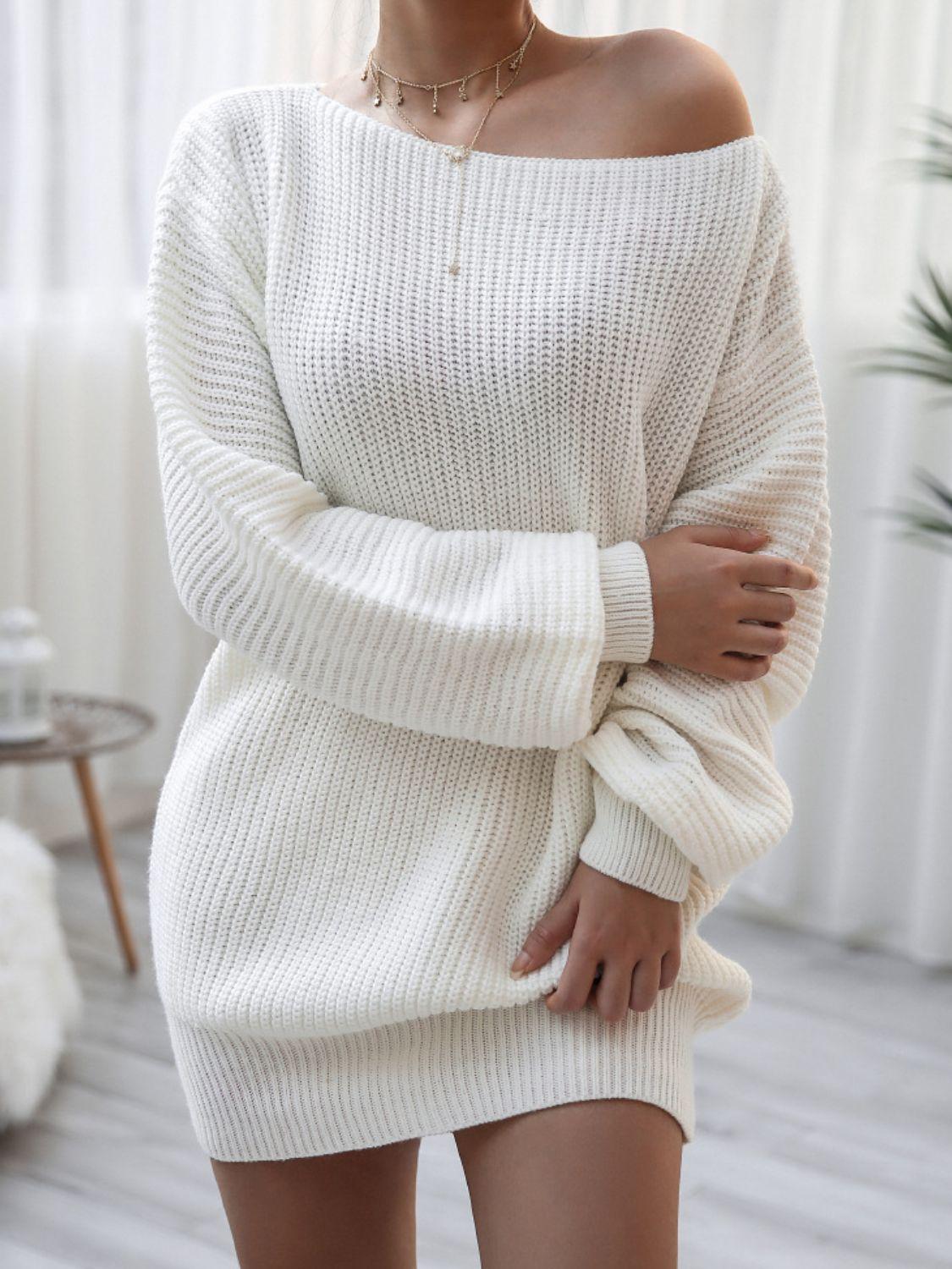 Rib-Knit Balloon Sleeve Boat Neck Sweater Dress-TOPS / DRESSES-[Adult]-[Female]-2022 Online Blue Zone Planet