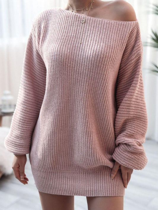 Rib-Knit Balloon Sleeve Boat Neck Sweater Mini Dress BLUE ZONE PLANET