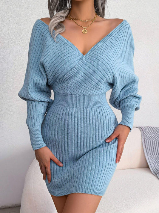 Rib-Knit Dolman Sleeve Sweater Mini Dress BLUE ZONE PLANET