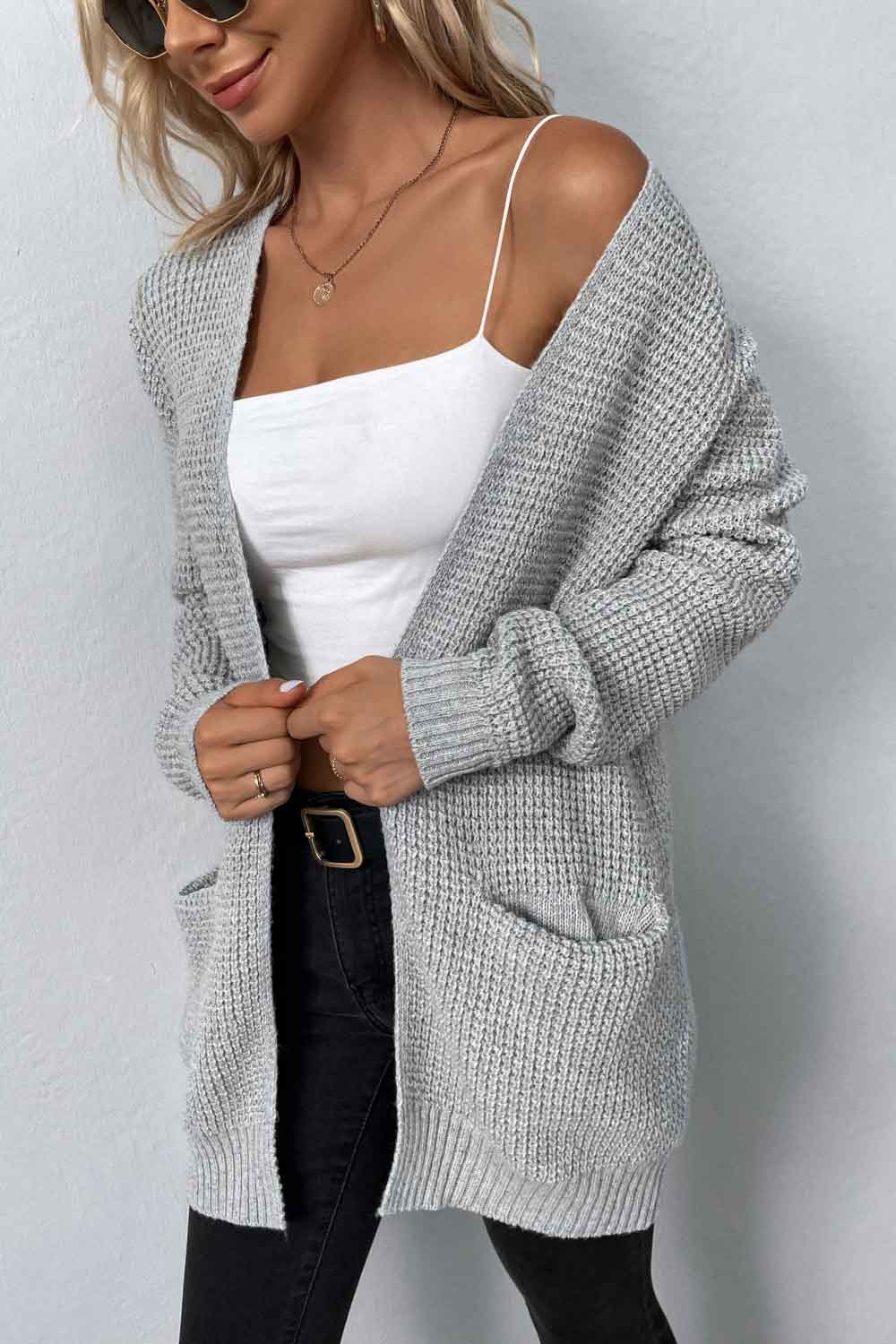 Rib-Knit Open Front Pocketed Cardigan BLUE ZONE PLANET