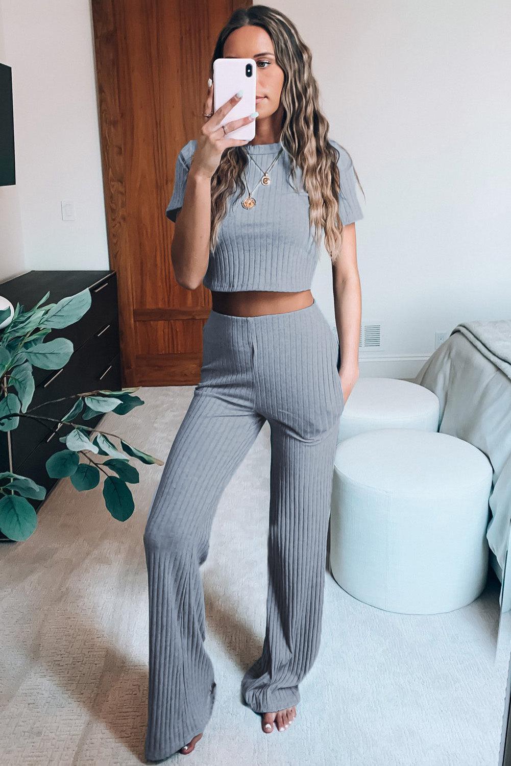 Ribbed Crop T-Shirt and Wide Leg Pants Lounge Set BLUE ZONE PLANET