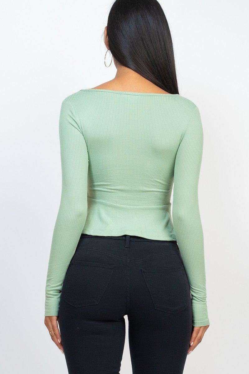 Ribbed Drawstring Front Long Sleeve Peplum Top-TOPS / DRESSES-[Adult]-[Female]-Blue Zone Planet