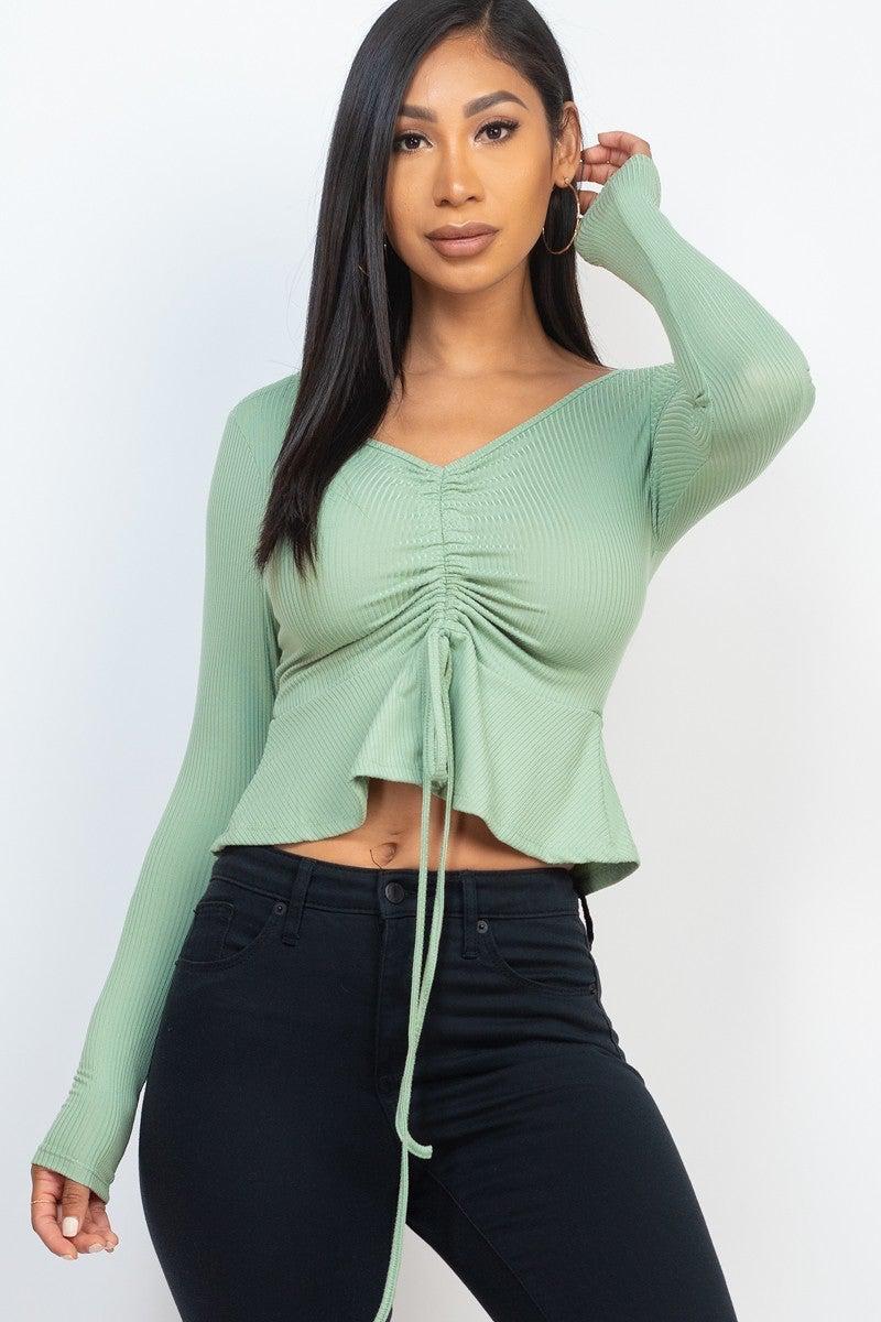 Ribbed Drawstring Front Long Sleeve Peplum Top Blue Zone Planet