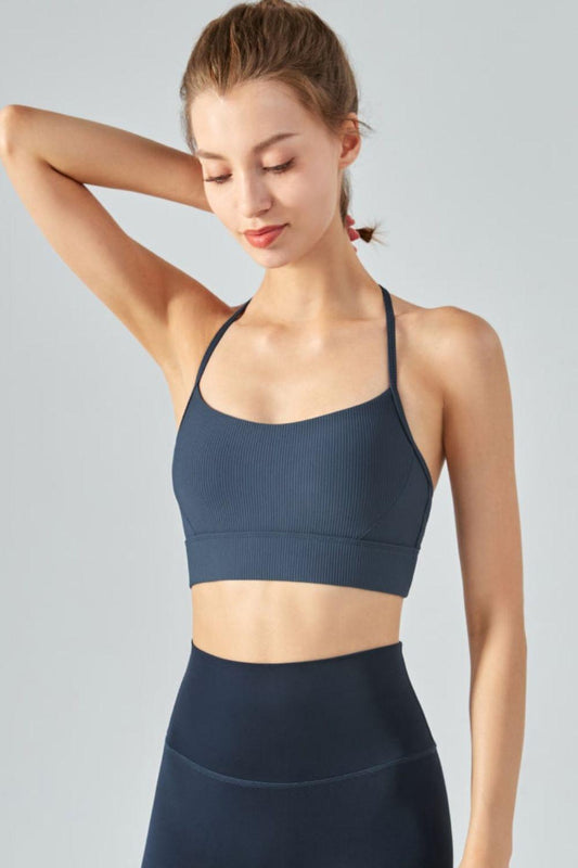 Ribbed Halter Neck Open Back Cropped Sports Cami BLUE ZONE PLANET