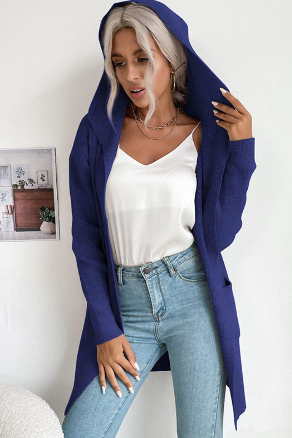 Ribbed Open Front Hooded Cardigan with Pockets BLUE ZONE PLANET