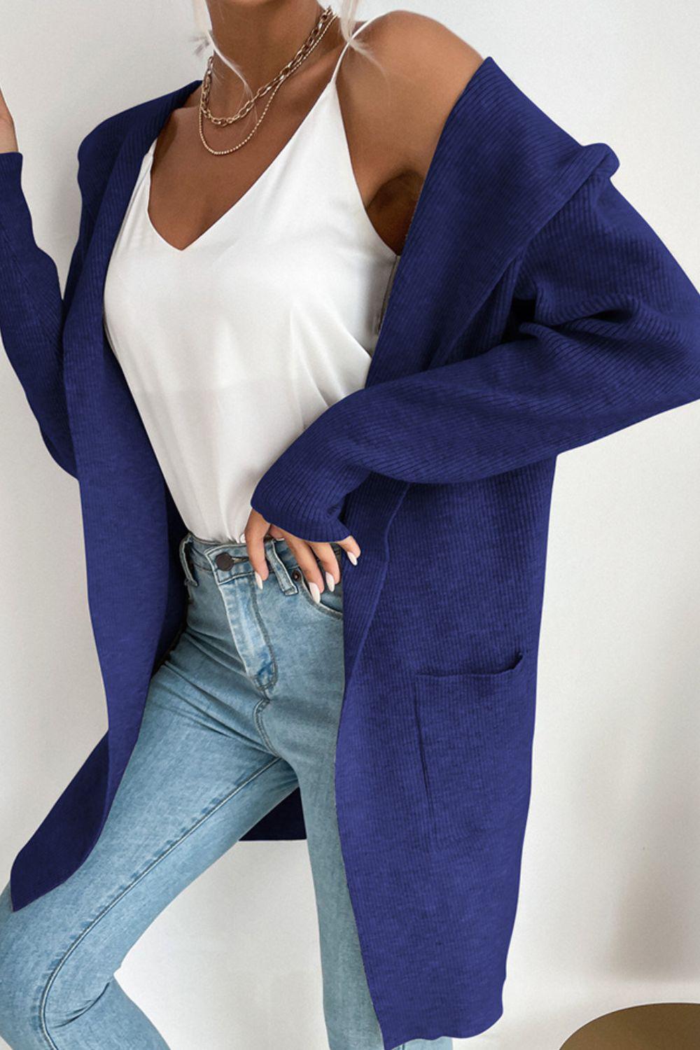 Ribbed Open Front Hooded Cardigan with Pockets BLUE ZONE PLANET