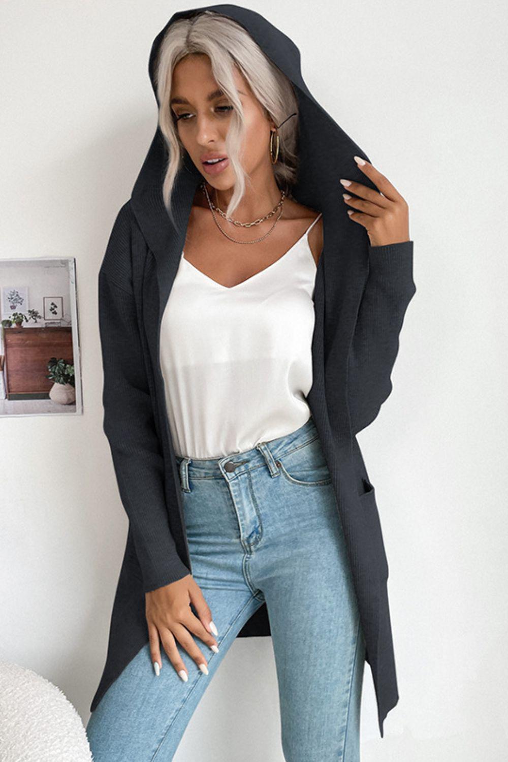 Ribbed Open Front Hooded Cardigan with Pockets BLUE ZONE PLANET