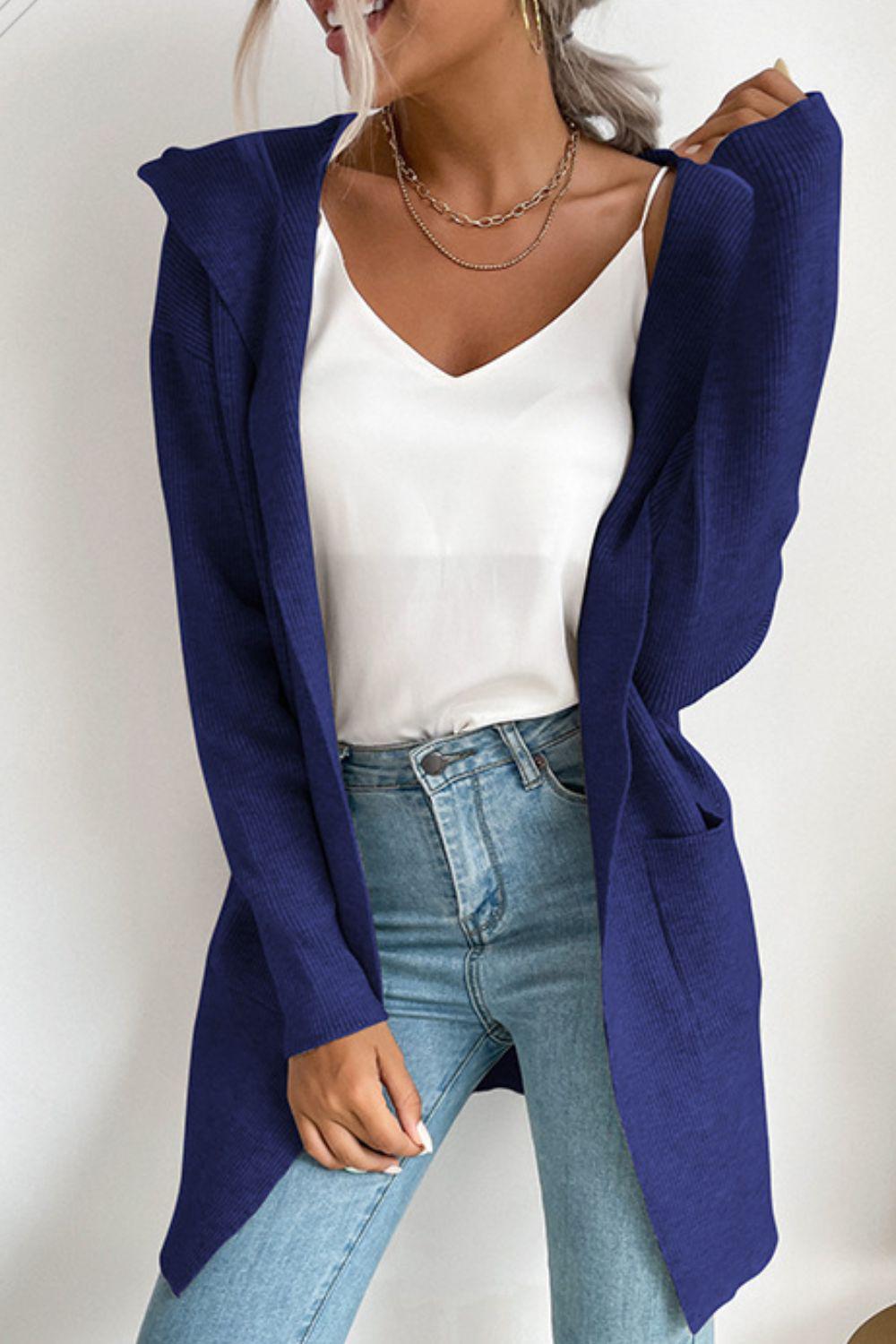 Ribbed Open Front Hooded Cardigan with Pockets BLUE ZONE PLANET