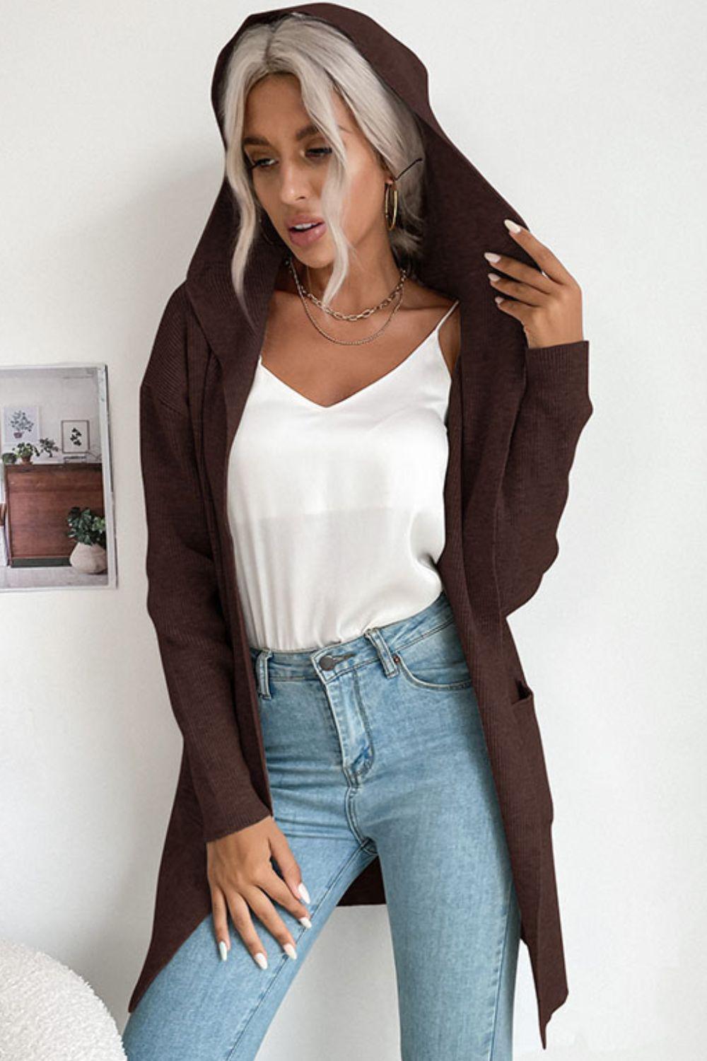 Ribbed Open Front Hooded Cardigan with Pockets BLUE ZONE PLANET