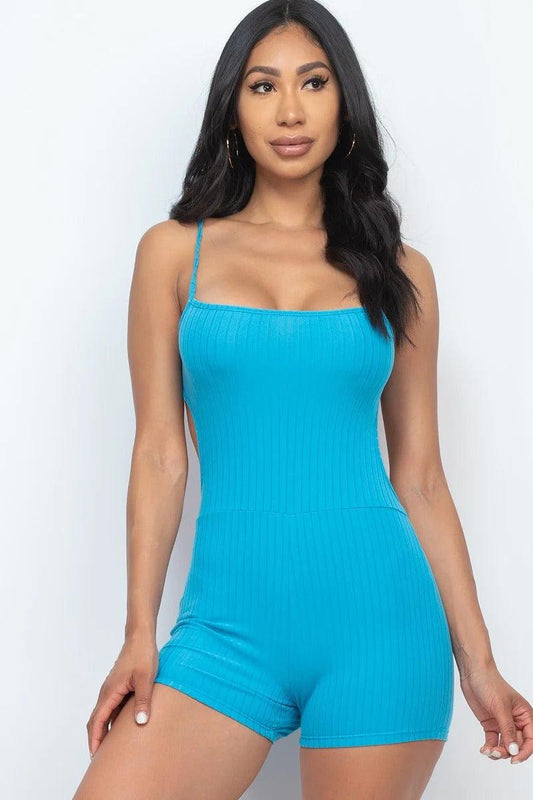 Ribbed Sleeveless Back Cutout Bodycon Active Romper Blue Zone Planet