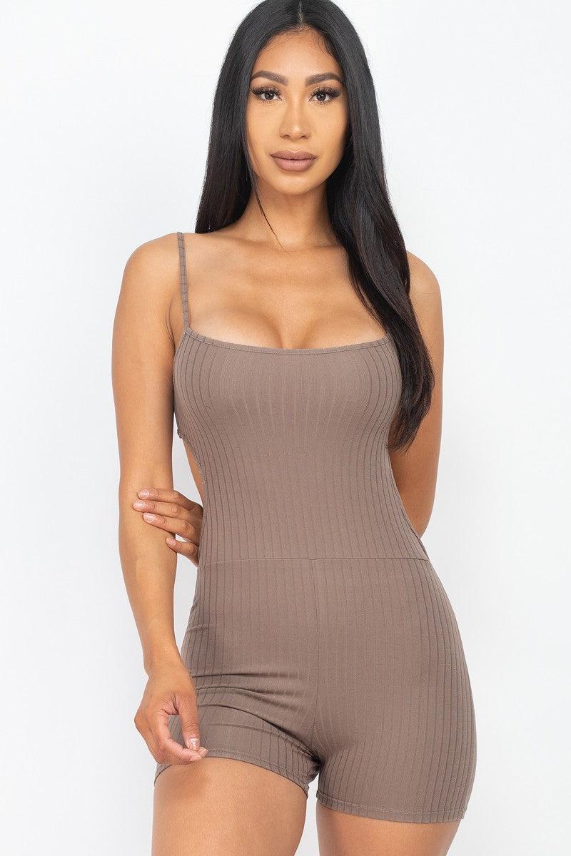 Ribbed Sleeveless Back Cutout Bodycon Active Romper Blue Zone Planet