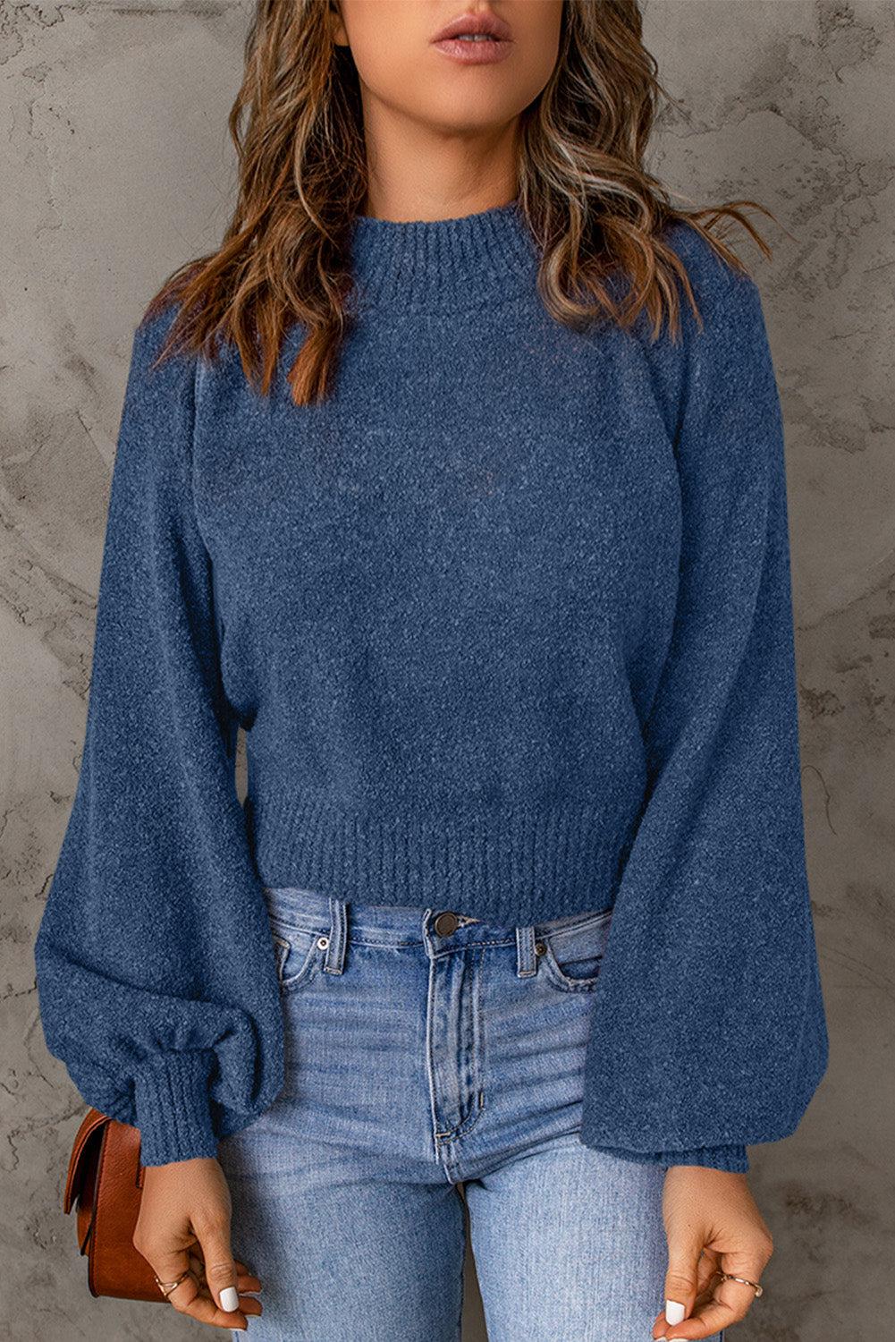 Ribbed Trim Balloon Sleeve Sweater BLUE ZONE PLANET