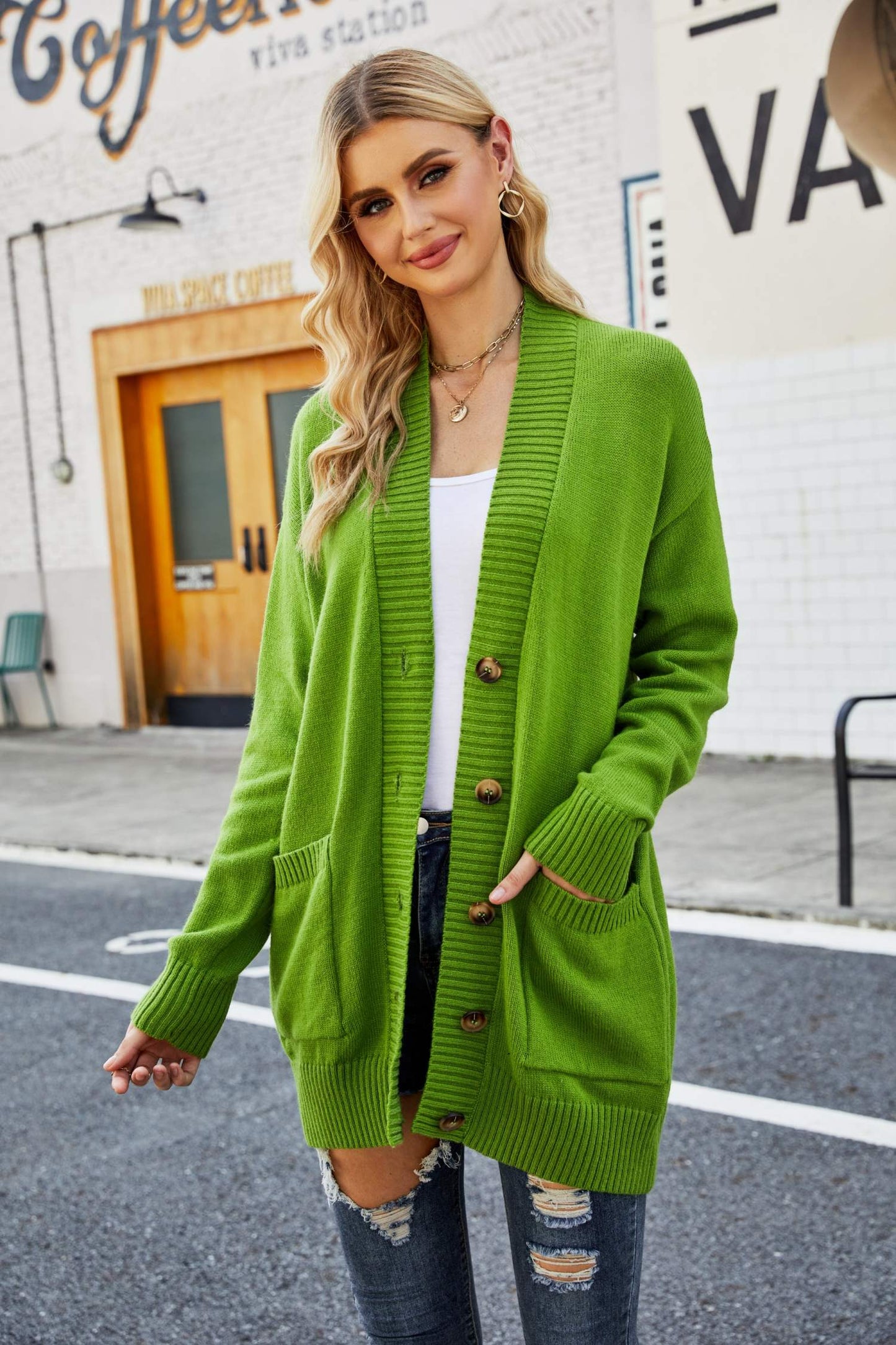 Ribbed Trim Dropped Shoulder Pocketed Cardigan-TOPS / DRESSES-[Adult]-[Female]-Green-S-2022 Online Blue Zone Planet