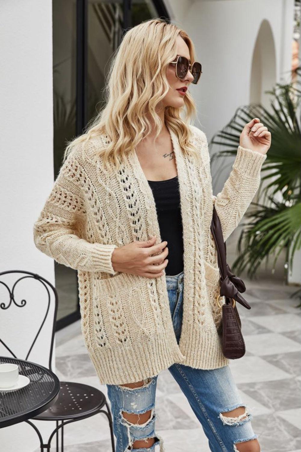 Ribbed Trim Openwork Open Front Cardigan BLUE ZONE PLANET