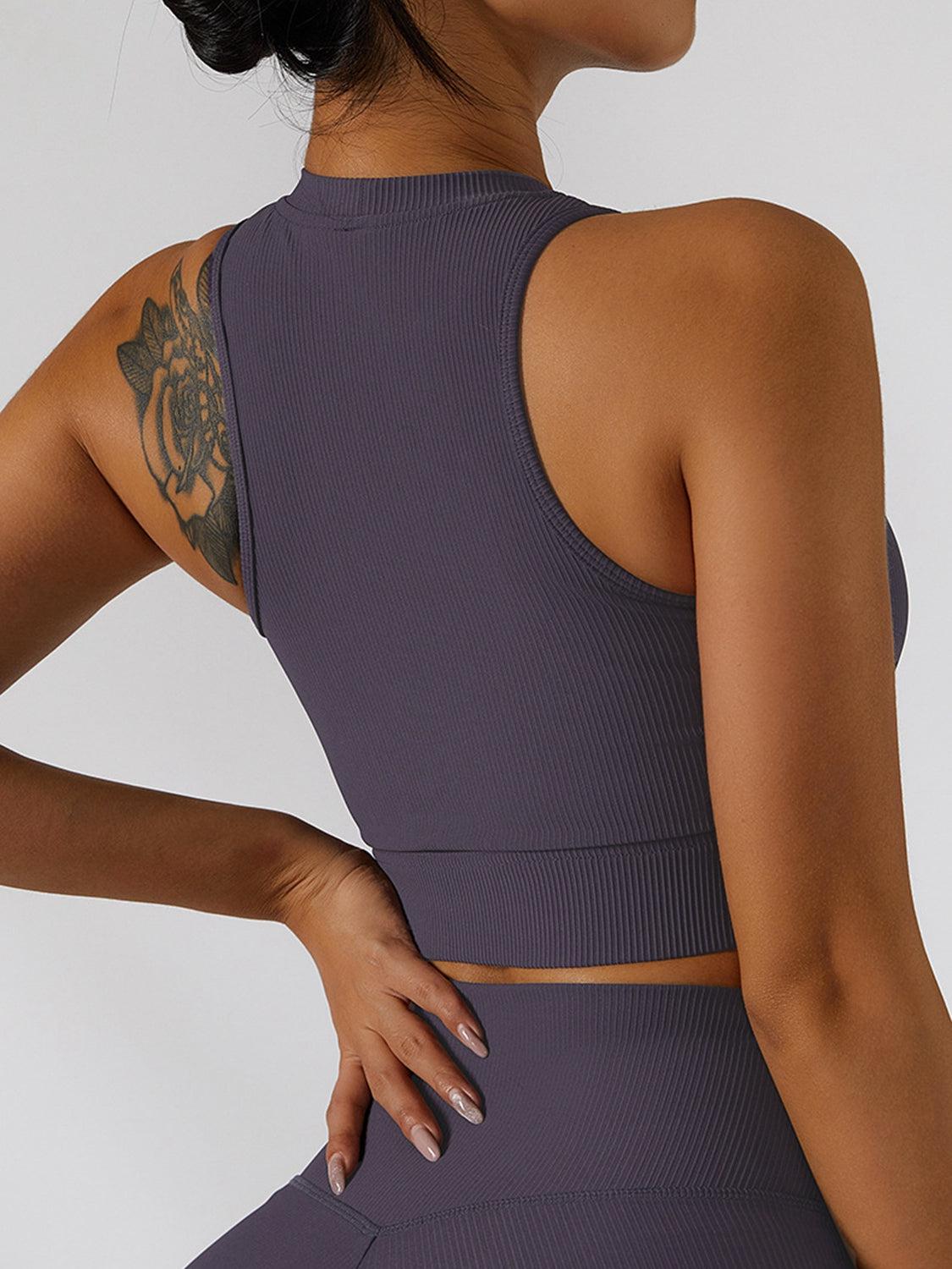 Ribbed Zip Up Cutout Sports Bra-CROP TOP-[Adult]-[Female]-Blue Zone Planet