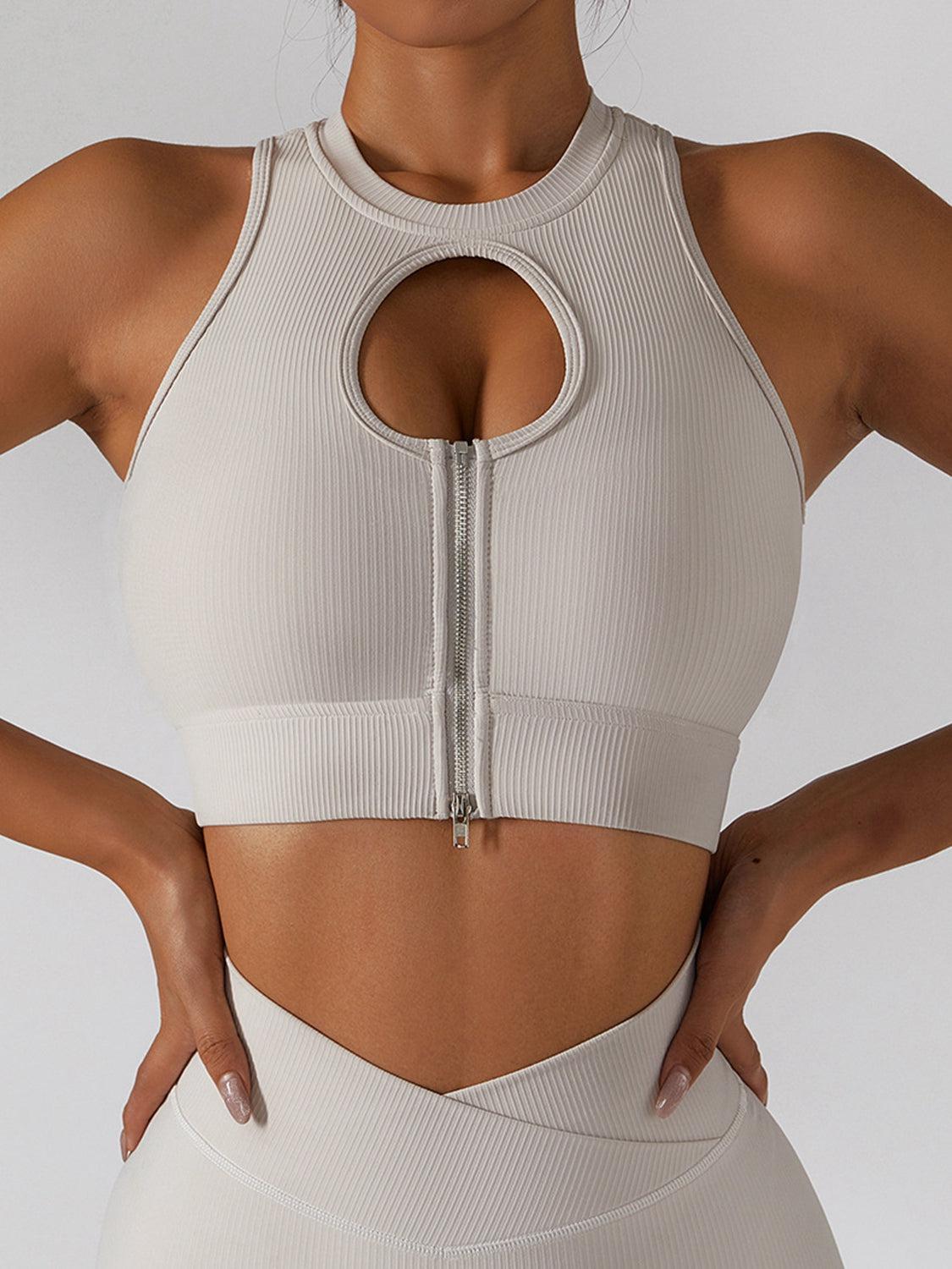 Ribbed Zip Up Cutout Sports Bra-CROP TOP-[Adult]-[Female]-Blue Zone Planet