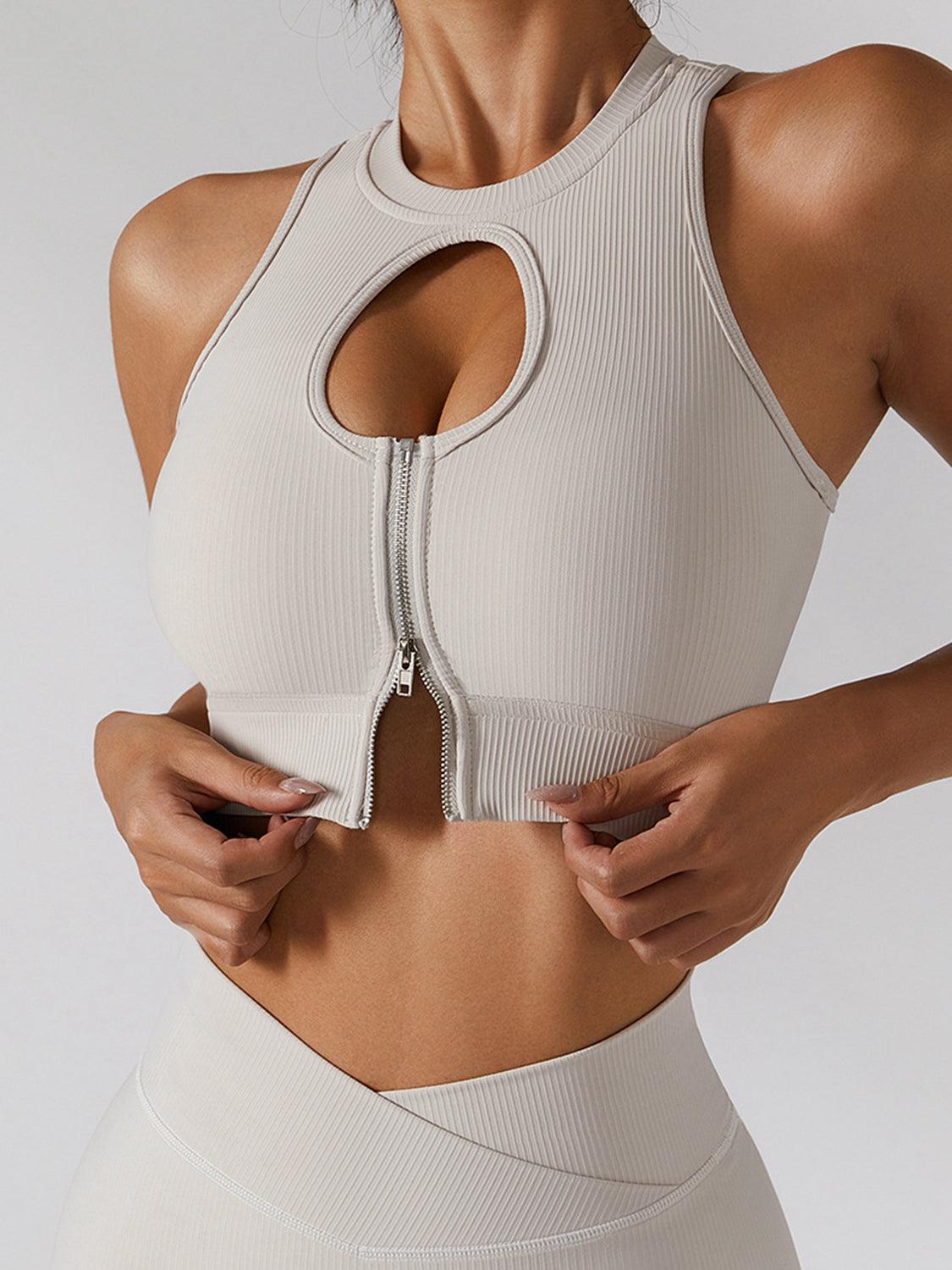 Ribbed Zip Up Cutout Sports Bra-CROP TOP-[Adult]-[Female]-Gray-8/S-Blue Zone Planet