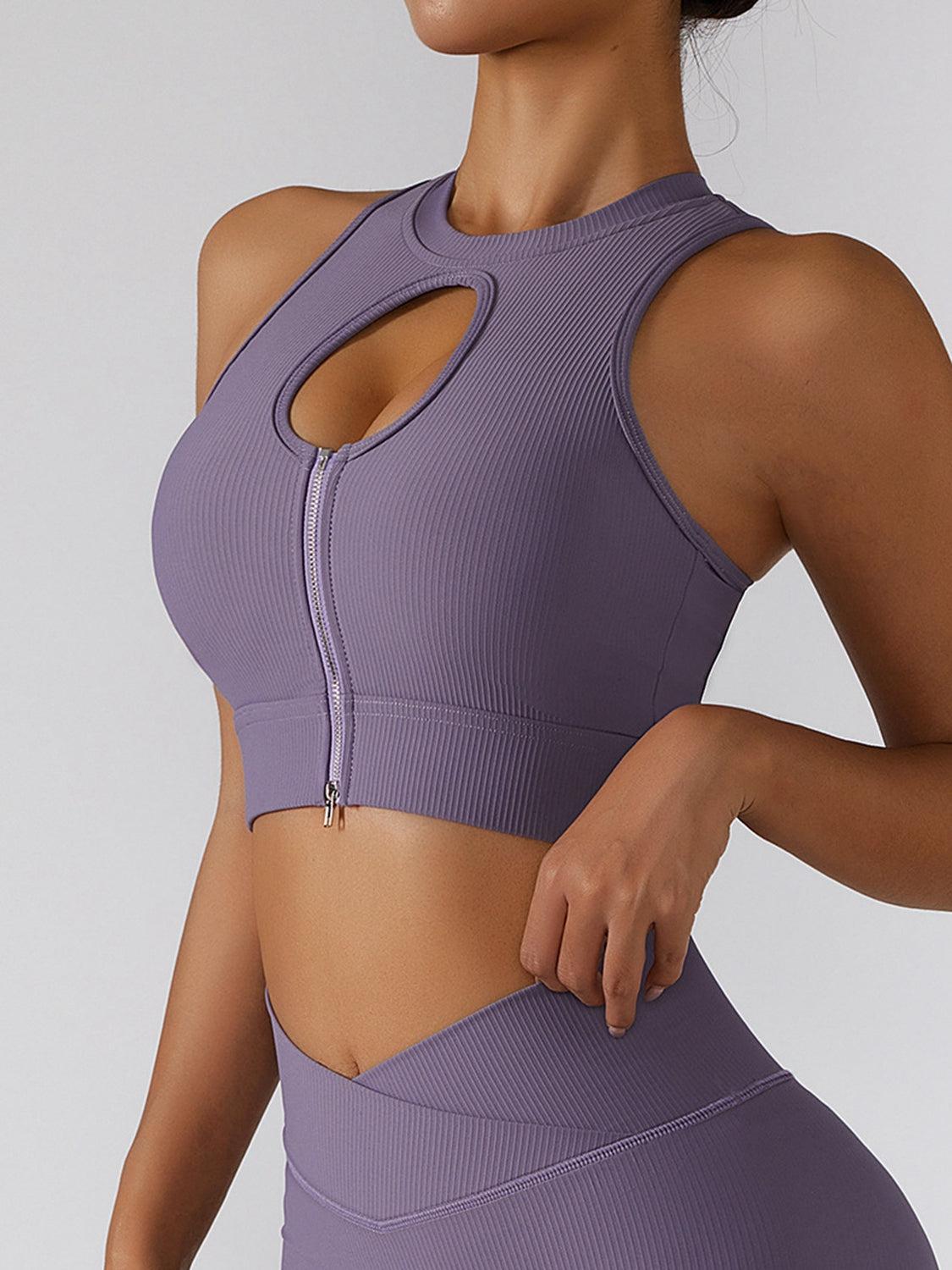 Ribbed Zip Up Cutout Sports Bra-CROP TOP-[Adult]-[Female]-Purple-8/S-Blue Zone Planet