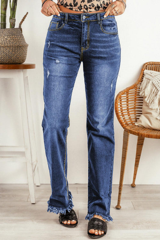 Ripped Frayed Hem Jeans BLUE ZONE PLANET