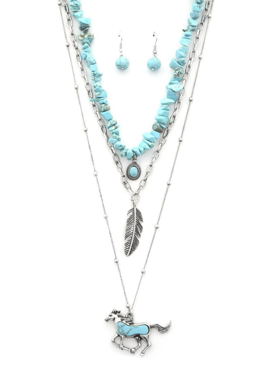 Rodeo western horse pendant feather charm beaded layered necklace-Necklaces-[Adult]-[Female]-Turquoise-One Size-2022 Online Blue Zone Planet