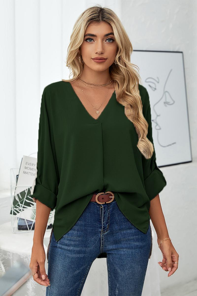 Roll-Tab Sleeve V-Neck Blouse BLUE ZONE PLANET