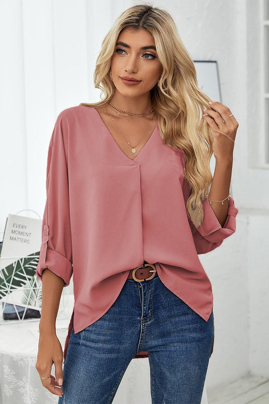 Roll-Tab Sleeve V-Neck Blouse BLUE ZONE PLANET