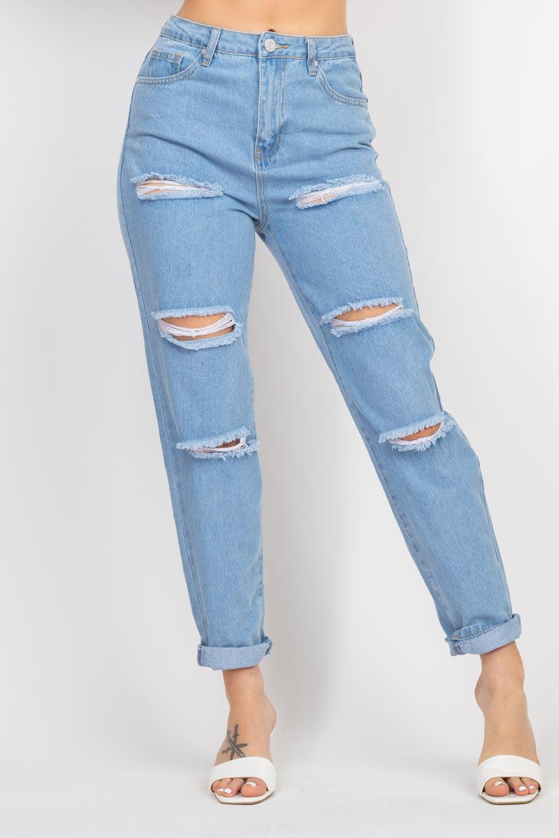 Rolled Hem Ripped Denim Jeans Blue Zone Planet