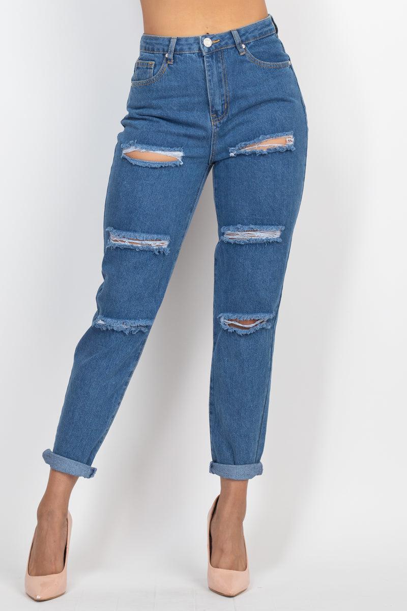 Rolled Hem Ripped Denim Jeans Blue Zone Planet