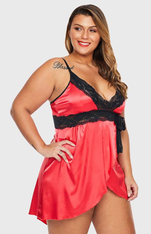 Rose Lace V Neckline Plus Size Babydoll-TOPS / DRESSES-[Adult]-[Female]-Red-XL-Blue Zone Planet