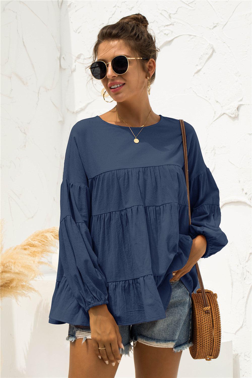 Round Neck Bubble Sleeve Tiered Blouse BLUE ZONE PLANET