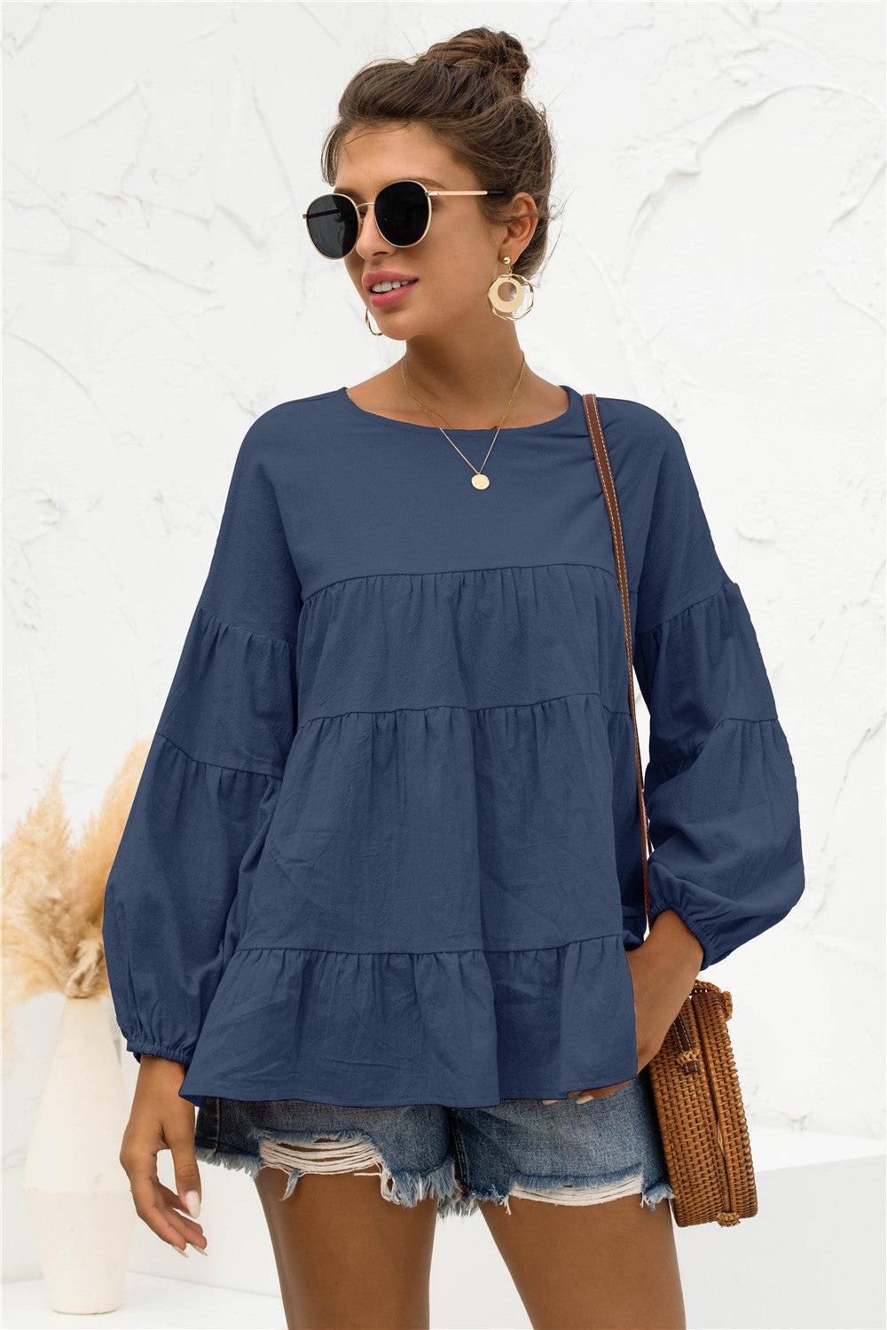 Round Neck Bubble Sleeve Tiered Blouse BLUE ZONE PLANET